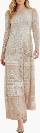 Needle & Thread Aurora Long Sleeve Round Neck Gown in Butterscotch/Gold at Nordstrom, Size 12