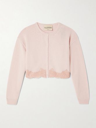 Valentino Garavani Cardigan Cropped In Lana Con Finiture In Pizzo - Rosa