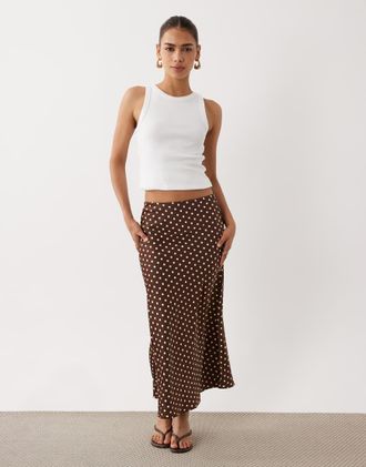 Vero Moda Gonna midi in raso marrone e crema a pois