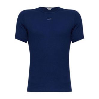 Versace T-shirt in jersey di cotone a coste con logo ricamato - - Tops - Uomo - Blu - M
