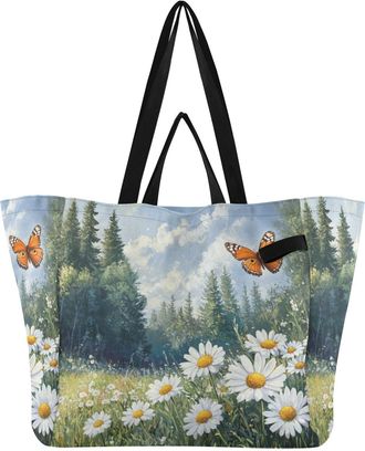 Generic White Horse Orange Blue Butterfly Flower print Reusable Canvas Tote Bag, Heavy Duty Grocery Shopping Bag with Double Handles Hard Bottom Large Capacit