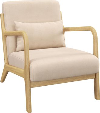 OEM Butaca N&oacute;rdica Sill&oacute;n De Sal&oacute;n Acolchado Con Reposabrazos Coj&iacute;n Y Marco De Madera De Caucho 61x78x76 Cm Beige