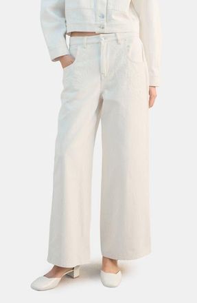 Mango Embroidered High Waist Wide Leg Jeans in Off White at Nordstrom, Size 6