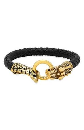 Steeltime Mens Braided Leather Dragon Bracelet in Black/Gold at Nordstrom Rack