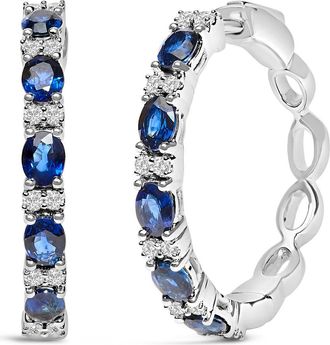 House of Brilliance 14K White Gold Oval Blue Sapphire & 1/4 Cttw Diamond Alternating Hoop Earring at Nordstrom