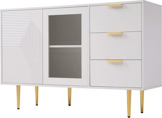 Urban Meuble Aparador blanco ranurado con 3 cajones y 2 puertas de cristal