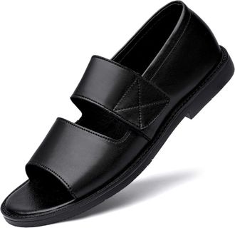 Generic Mens Genuine Leather Flat Slides Sandals Classic Open Toe Slip On Non Slip Outdoor Casual Slippers Summer Lightweight Beach Sandals (5.5,Black 2)