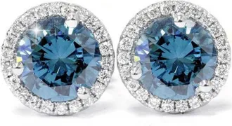 Pompeii3 2 1/10ct Blue & White Diamond Halo Studs 10K White Gold Lab Grown