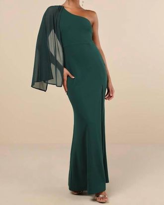 Lulus Majestic Attitude Cape Sleeve One-Shoulder Maxi Dress In Emerald
