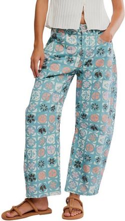 Free People Print Barrel Leg Jeans in Jade Combo/Ditsy Blue at Nordstrom, Size 24