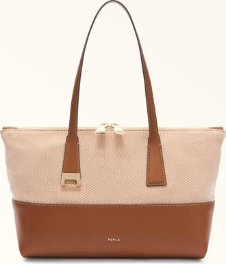 Furla Olivia Borsa Shopping M Toni Cognac Marrone Tessuto Di Canvas + Pelle Di Vitello Sidney Donna