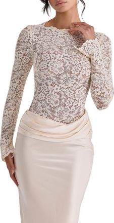 House of CB Ellie Long Sleeve Lace Bodysuit in Vintage Ivory at Nordstrom, Size X-Small