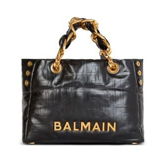 Balmain Handbags, female, Black, Size: ONE SIZE Embossed Monogram Leather Shoulder Bag