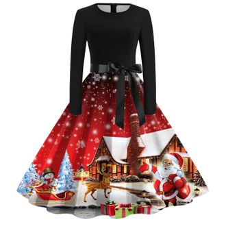 Generic Womens Christmas Dress Multi Colored Vintage Printed Holiday Long Sleeve Cocktail Dress Winter Dresses for Women 2025 Party Dresses with Novelty Chris
