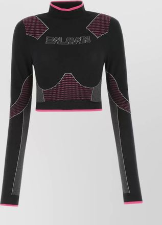 Balmain stretch nylon cropped top with mesh panels