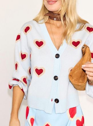 Never Fully Dressed Heart V-Neck Cardigan In Blue