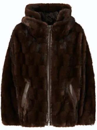 Pinko Plush Dark Brown Checkered Fur Jacket With Hood And Leather Trim