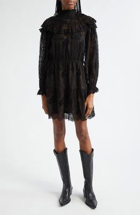 Farm Rio Flower Long Sleeve Organza Minidress in Black at Nordstrom Rack, Size Medium