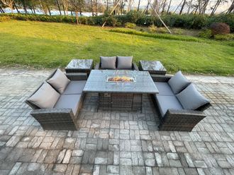 Fimous High Back Rattan Garden Furniture Sofa Sets with Outdoor Furniture Gas Firepit Dining Table Set 2 Side Tables Dark Grey Mixed