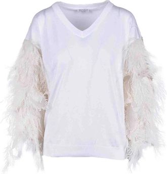Brunello Cucinelli Luxe Katoenen Blouse - Dames - V-hals truien - Wit - M - Katoen - Truien & Vesten