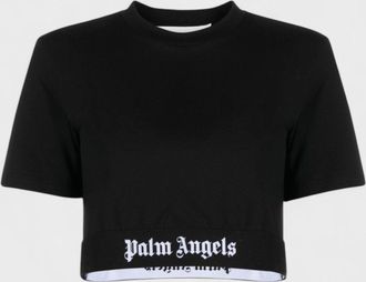 Palm Angels Womens Logo Tape Cropped Tee Black White - Size X-Large
