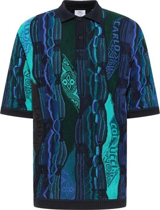 Carlo Colucci Tops, Heren, Blauw, L, Katoen, Oversize gebreid poloshirt - 3D breiwerk
