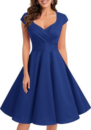 Bbonlinedress Womens 50s 60s A Line Rockabilly Dress Cap Sleeve Vintage Swing Party Dress Royal Blue 3XL