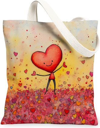 Generic Heart Pattern Canvas Tote Bags, Cute Love Design Reusable Grocery Bags, Spring Colorful Lightweight Washable Shoulder Strap Canvas for Gym Outdoor Tra