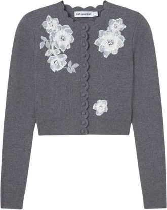 Self Portrait Cardigan met bloemenmotief - Dames - Vesten - Grijs - L - Katoen - Truien & Vesten