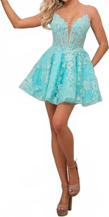 Rachel Allan Deep V-Neck A-Line Dress In Aqua