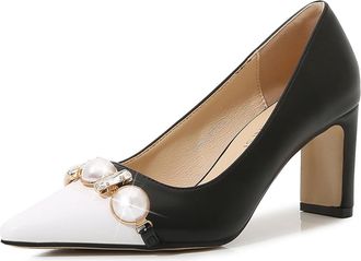 Generic Black,8.5 UK,Womens High Chunky Closed Toe Block Heels with Pearls Buckle Pointed Toe Wedding Party Elegant Slip On Pumps Colorblock Shoes