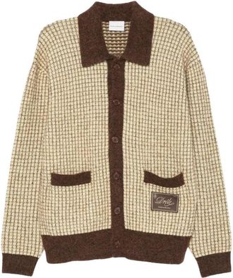 Dr&ocirc;le de Monsieur Dr&ocirc;le Patch Waffle Knit Cardigan - Heren - Vesten - Bruin - M - Wol - Truien & Vesten