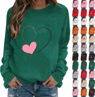 Generic Valentines Day Women Tops Long Sleeve Heart Graphic Shirt Crewneck Casual Shirts Blouse Clothes for Everyday Wear Work Travel Date Outing Holiday Stre