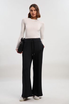 Karen Millen Womens Premium Luxe Lounge Cosy Jersey Draw String Waist KM Branded Trousers - Black - Size X-Small