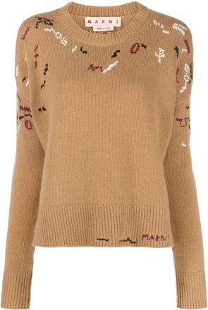 Marni embroidered round neck jumper - women - Virgin Wool - 36 - Brown