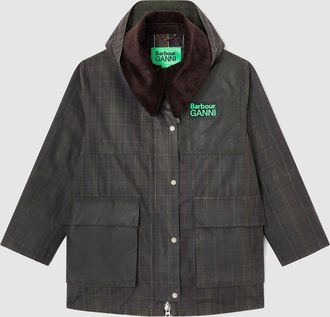 Barbour Veste Ganni Hooded Duffle Wax Classic Tartan Fern, Collaboration Barbour X Ganni