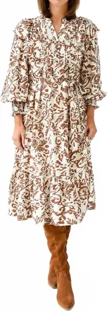 Merci Petal Promise Tie Waist Midi Dress In Ivory/mauve