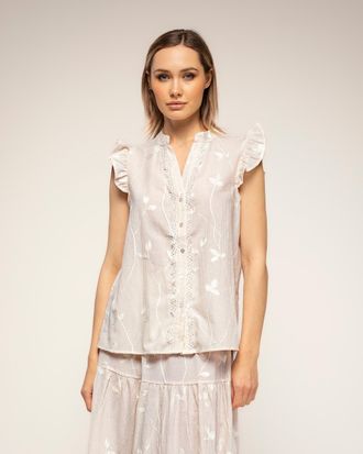 Tantra Gestreepte blouse met borduursels en kantdetail met ruches aan de mouwen