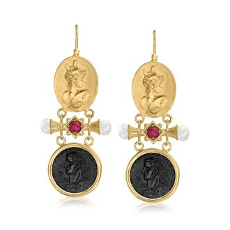 Ross-Simons Italian Tagliamonte Black Onyx and. Ruby Drop Earrings With Cultured Pearls in 18kt Gold Over Sterling