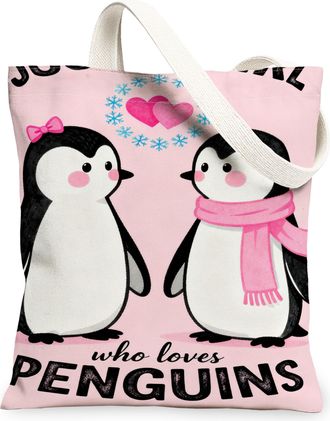 Generic Penguin Love Canvas Tote Bags, Cute Animal Design Reusable Shopping Bags, Winter Fun Lightweight Washable Shoulder Strap Ca, Peach, 13x15 Inch