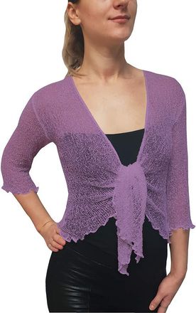 Mimosa Ladies Crochet Shrug Bolero Glitter or Plain Super Stretchy Lace Fish Net Tie at Waist Bolero Open Cardigan Fits UK 6-28 Lavender