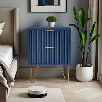 OEM Mesa De Noche Y Acompa&ntilde;amiento - Azul Marino - 2 Cajones Modulables - Pies Met&aacute;licos Dorados - Dise&ntilde;o Contempor&aacute;neo