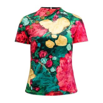 Balmain Blouses, female, Multicolor, Size: M Velvet Top With a Floral Motif