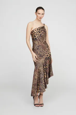 Halston Heritage Mavis Satin Midi in Leopard at Nordstrom, Size 16