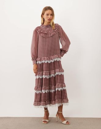 Sister Jane Sister Jane Fates vestito lungo in pizzo con collo alto e dettagli volant a quadretti rossi-Rosso