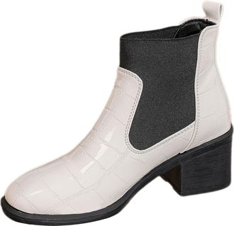 Generic Womens Chunky Heel Chelsea Ankle Boots Slip on Elastic Ladies Low Heel Booties Shoes Patent Leather Waterproof Boots (White,6.5)