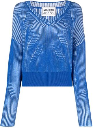 Moschino V-hals trui met twee tinten - Dames - V-hals truien - Blauw - XS - Wol - Truien & Vesten