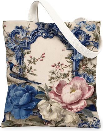 Generic Floral Canvas Tote Bags, Vintage Flower Design Reusable Grocery Bags, Spring Flowering Lightweight Washable Shoulder Strap, Blue, 13x15 Inch