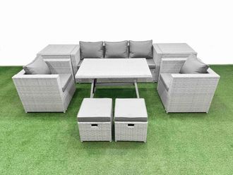 Fimous 9 Pieces Outdoor PE Rattan Sofa Armchair Set with 2 Side Tables in Light Grey