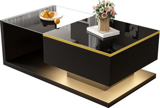 STILVORA Tavolino Da Salotto 90&times;50&times;32,5 Cm Con Piano In Vetro E Led 16 Colori, Nero Lucido, In Pannello Truciolare, Nero